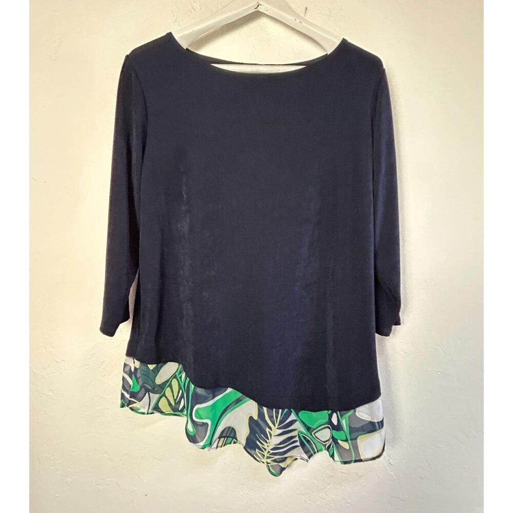 Chico's Travelers Womens Navy Blue 3/4 Sleeve Tunic Top Leaf Print Hem Size 2